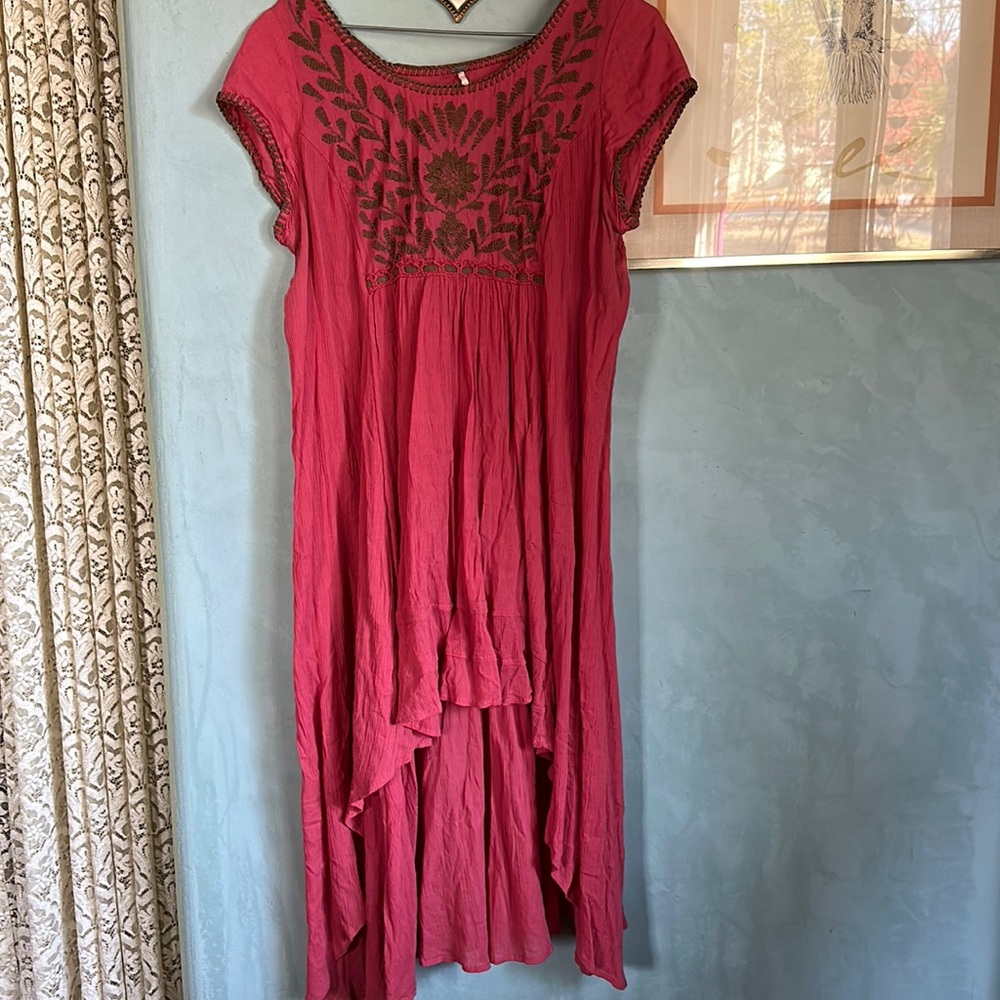 Rosy red gauzy hi-Lo with cut out back